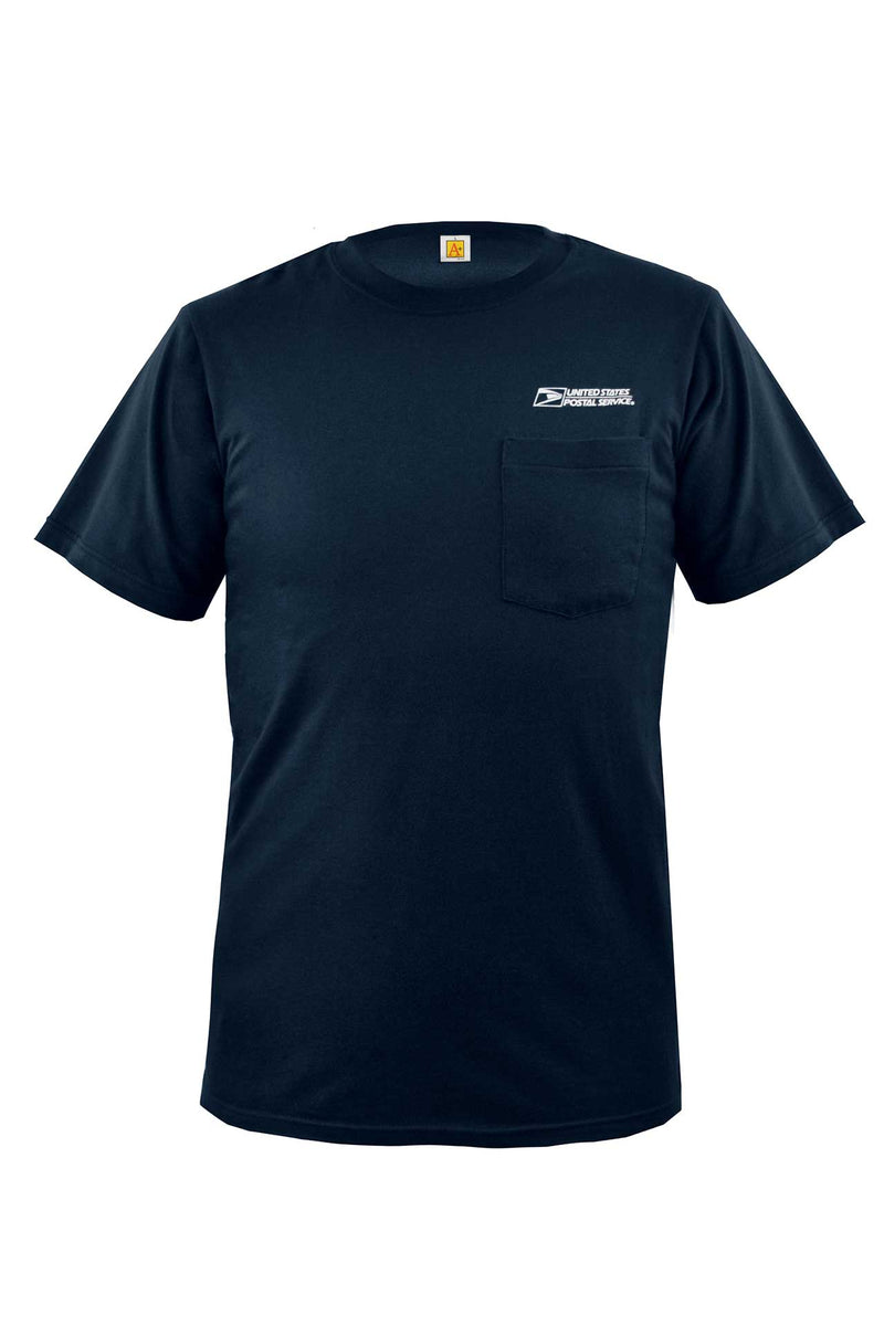 Unisex Postal Worker crew neck jersey t-shirt with rib neck, 100% cotton, 1 pocket, and silkscreen Postal logo.