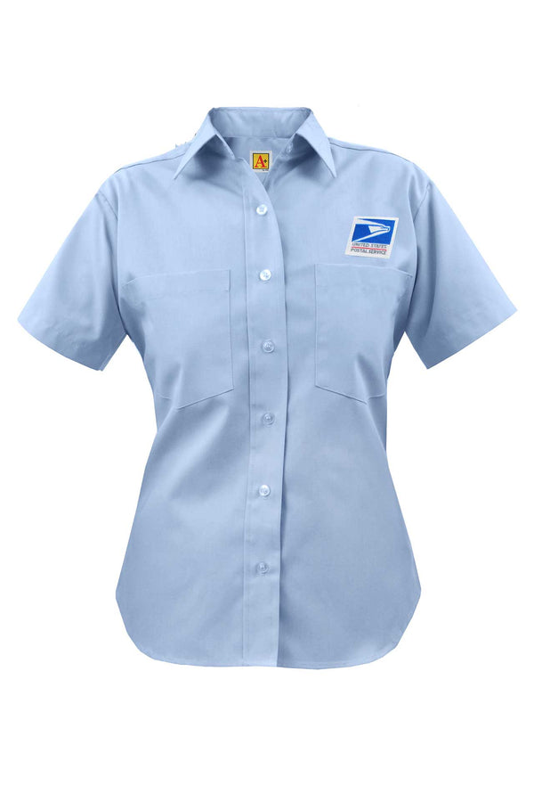 LADIES Short sleeve, pointed collar, 2 pockets, double yoke back, 65% polyester / 35% cotton.