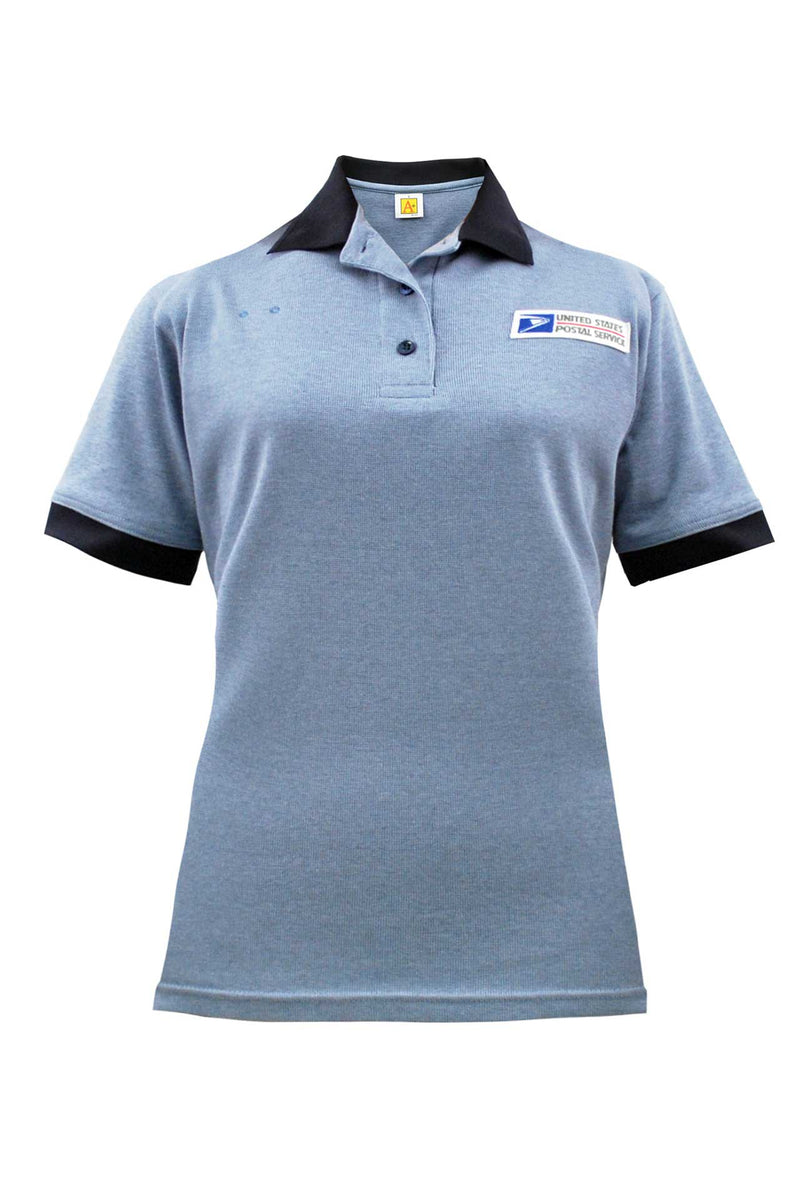 Postal Clerk Ladies interlock short sleeve polo, birds eye design with contrast welt knit collar and cuffs, 3-button fused placket with left chest Postal emblem. 60% cotton 40% polyester, machine washable for easy care, easy wear.