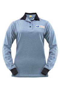 Postal Clerk Ladies interlock short sleeve polo, birds eye design with contrast welt knit collar and cuffs, 3-button fused placket with left chest Postal emblem. 60% cotton 40% polyester, machine washable for easy care, easy wear.