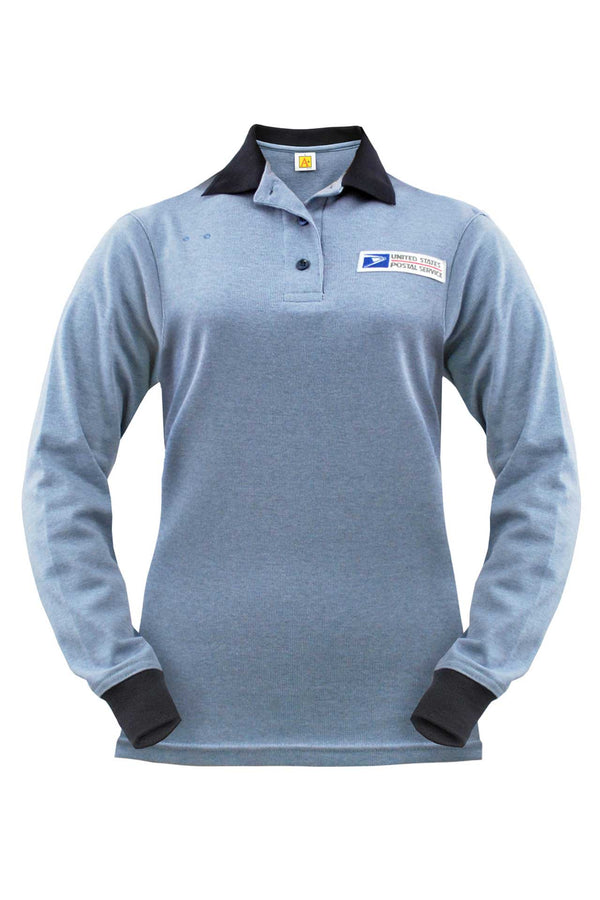 Postal Clerk Ladies interlock short sleeve polo, birds eye design with contrast welt knit collar and cuffs, 3-button fused placket with left chest Postal emblem. 60% cotton 40% polyester, machine washable for easy care, easy wear.
