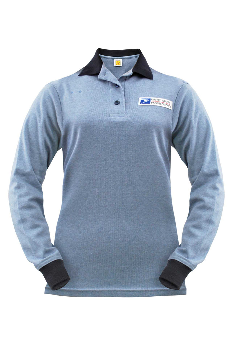 Postal Clerk Ladies interlock short sleeve polo, birds eye design with contrast welt knit collar and cuffs, 3-button fused placket with left chest Postal emblem. 60% cotton 40% polyester, machine washable for easy care, easy wear.