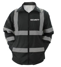HIGH VISIBILITY BLACK RAINCOAT WITH REFLECTIVE STRIPES