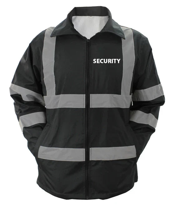 HIGH VISIBILITY BLACK RAINCOAT WITH REFLECTIVE STRIPES